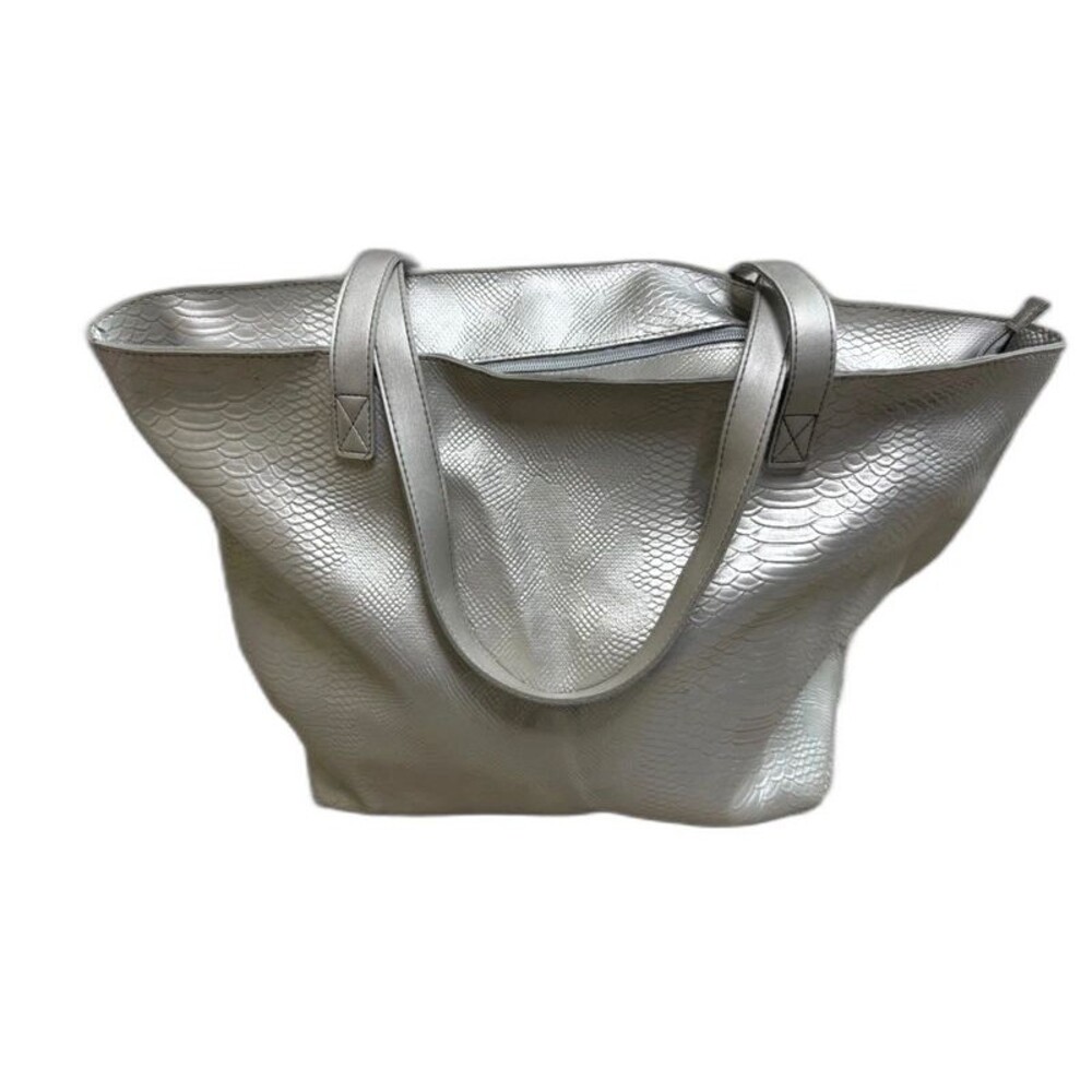 Bath & Body Works Silver Snakeskin Tote Bag Zipper Metallic Faux Leather Purse